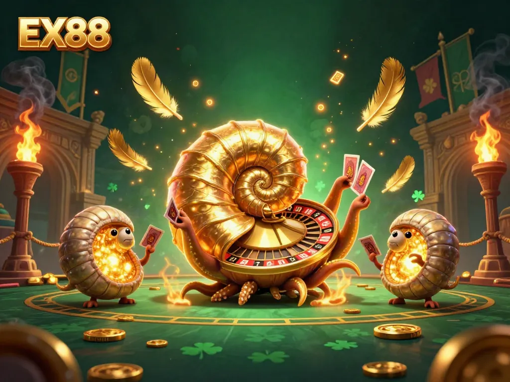 Engaging scene featuring EX88 with a nautilus roulette wheel and glowing ammonites in a vibrant casino atmosphere.