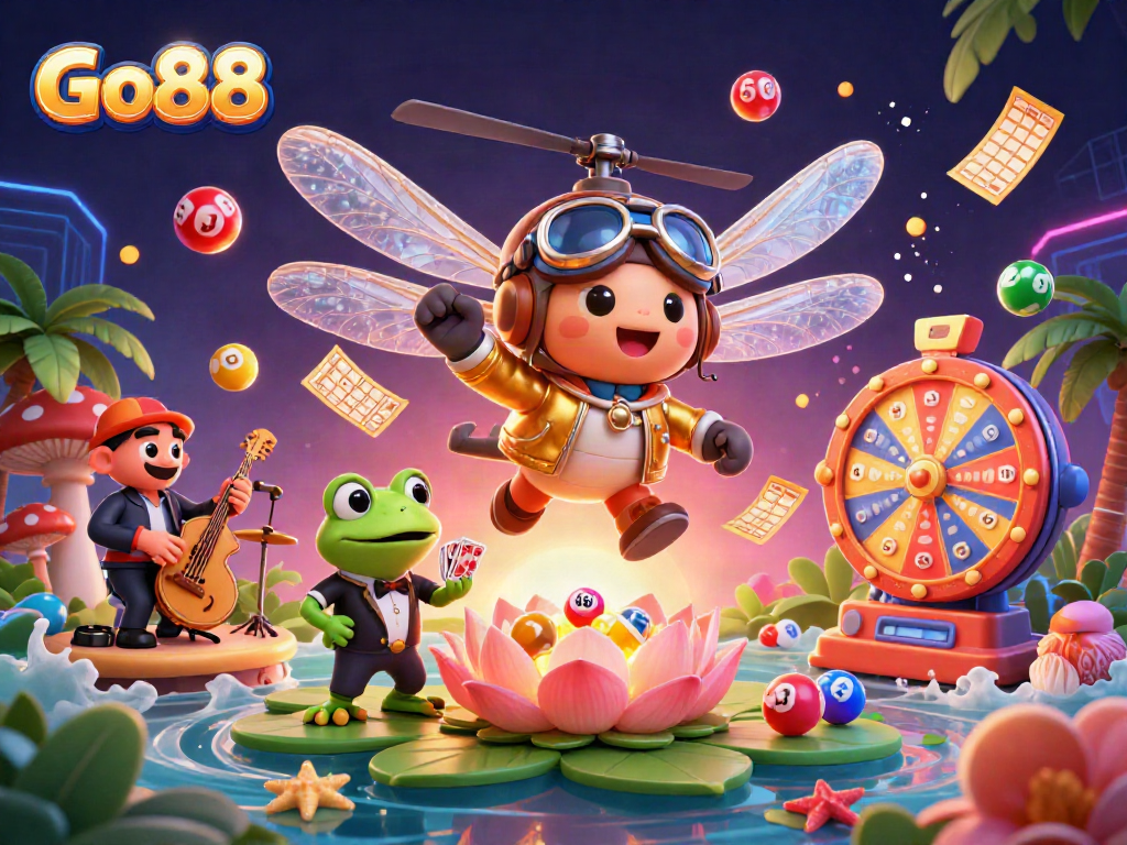 Experience thrilling games at Go88 with a dragonfly pilot and a frog croupier in lively casino scene.
