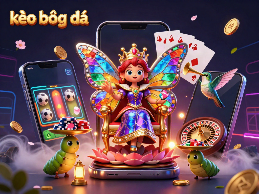 Experience the excitement of kèo bóng đá with a vibrant, dynamic illustration showcasing a butterfly queen and sports betting elements.