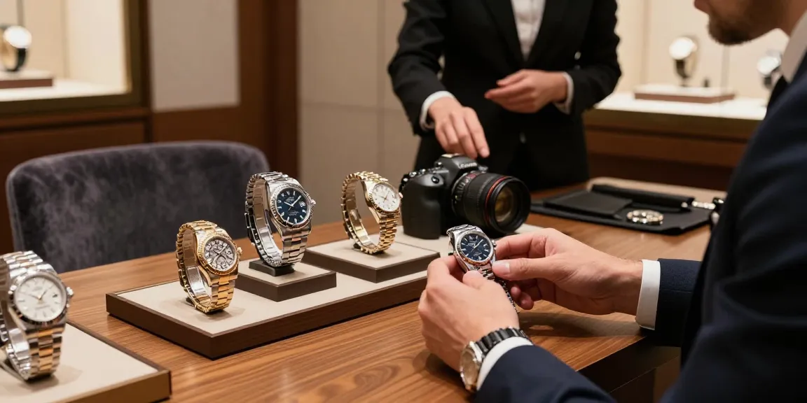 Replica watches displayed in an upscale boutique setting, showcasing luxury and craftsmanship.