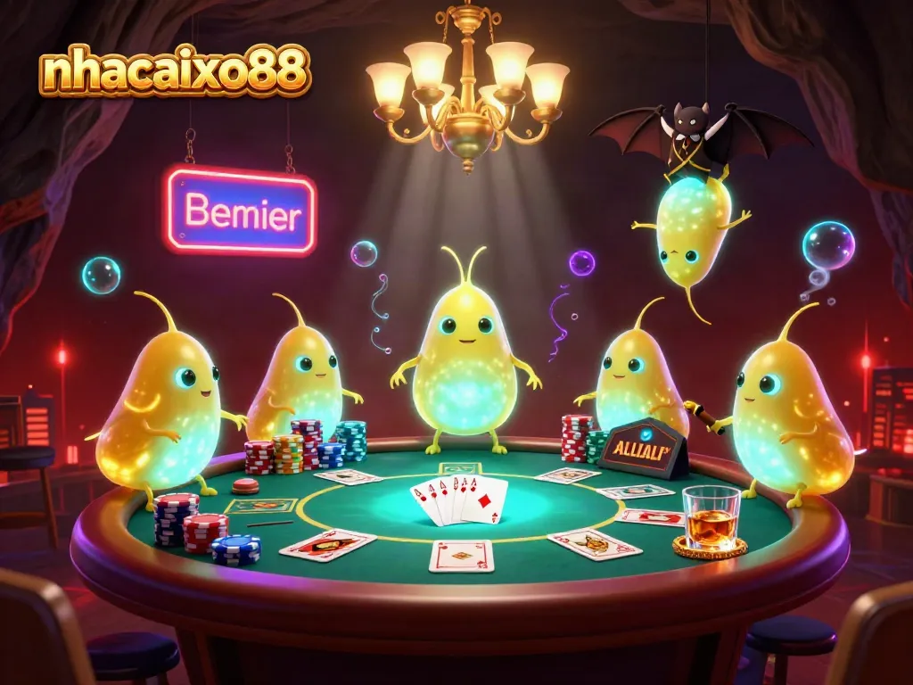 Experience the lively energy of nhacaixo88 with a vibrant 3D casino scene featuring glowworms and a bat dealer.