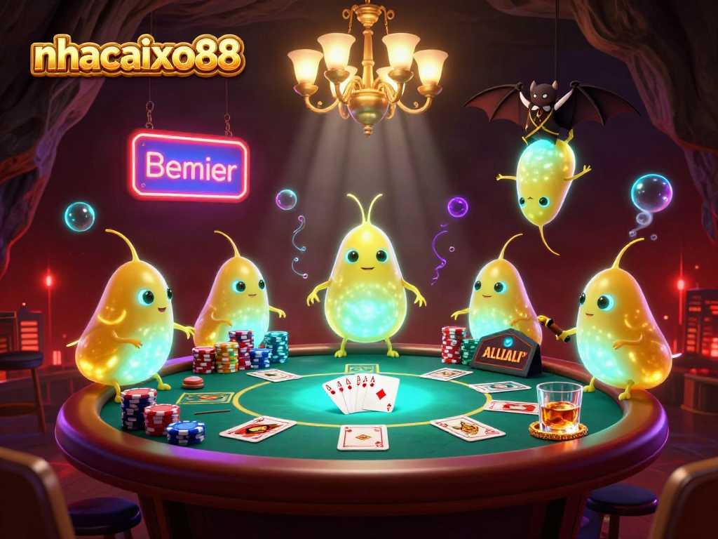 Experience the lively energy of nhacaixo88 with a vibrant 3D casino scene featuring glowworms and a bat dealer.