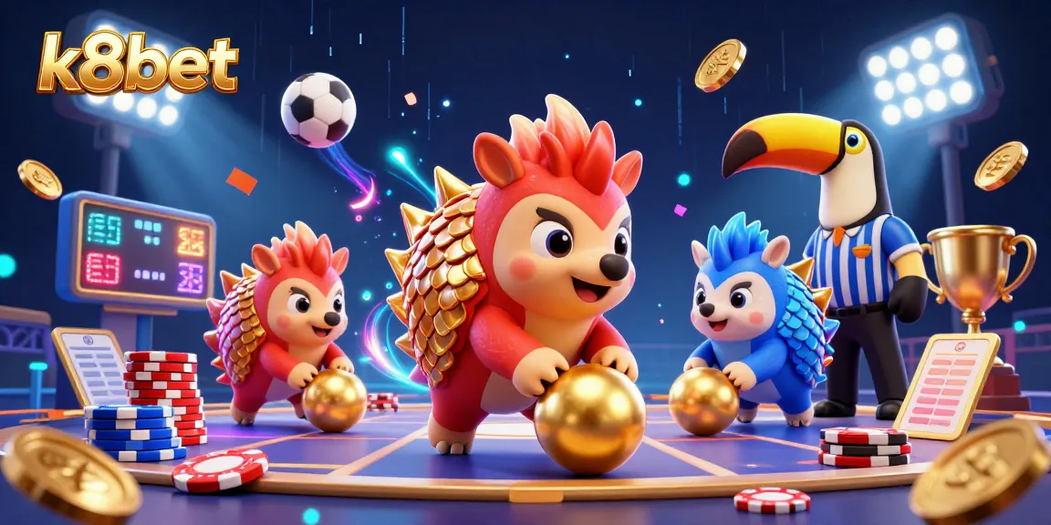 Experience the thrill of k8bet with engaging pangolins bowling through poker chips in a vibrant casino setting.