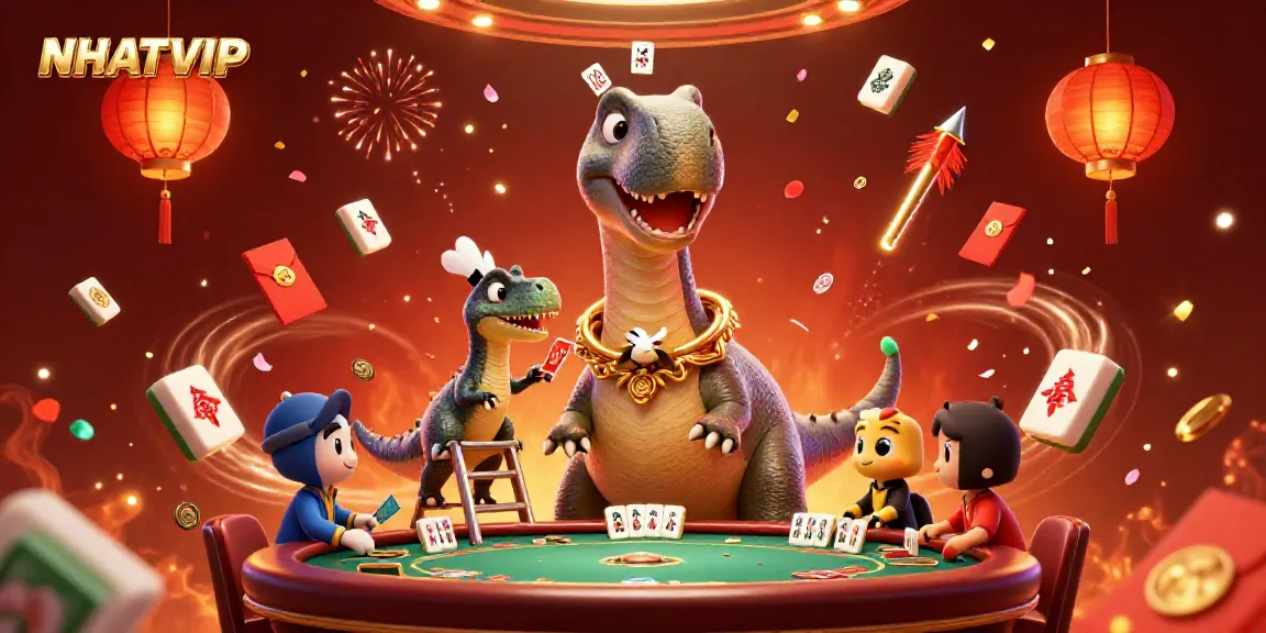 Experience the excitement of NHATVIP with a playful 3D illustration depicting a dinosaur and raptor at a casino table.