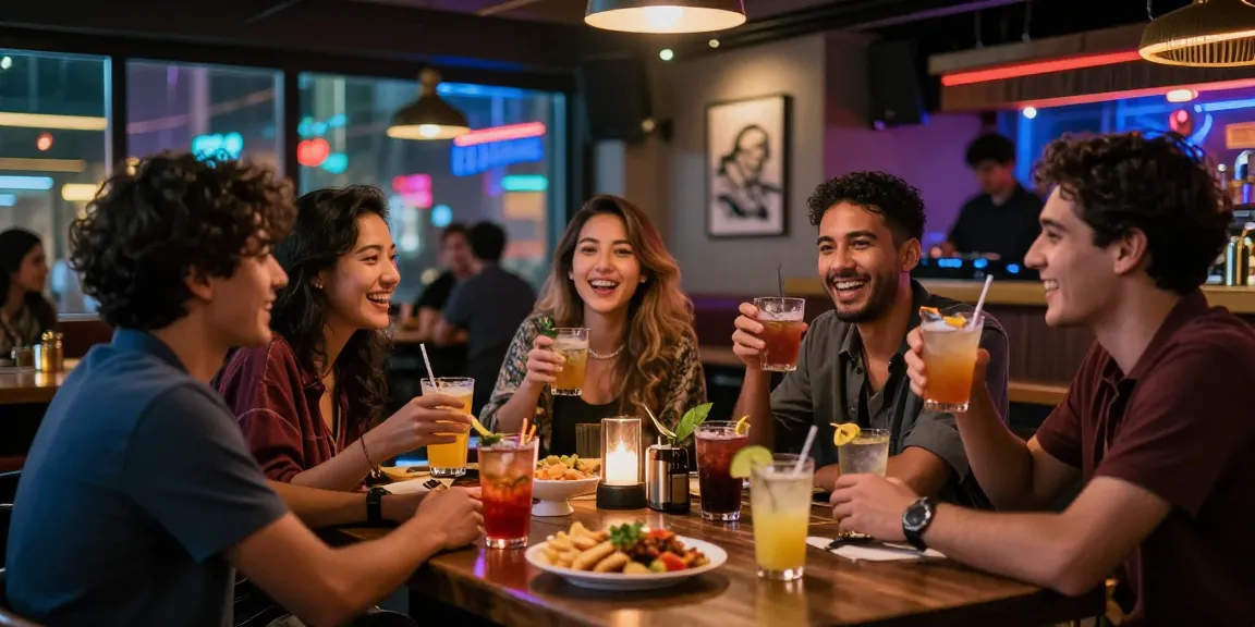 NSFW urban nightlife with friends enjoying drinks and vibrant neon ambiance