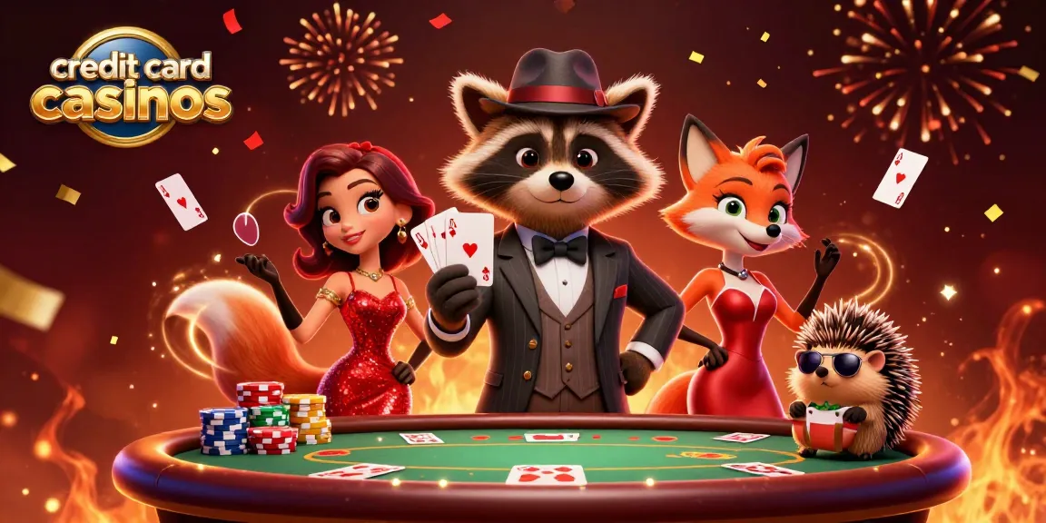 Engage in thrilling games at credit card casinos, featuring stylish raccoon and fox characters in action.