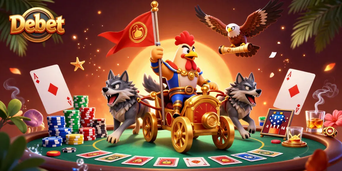 Experience the thrilling action with Debet as the rooster warlord leads a poker showdown!