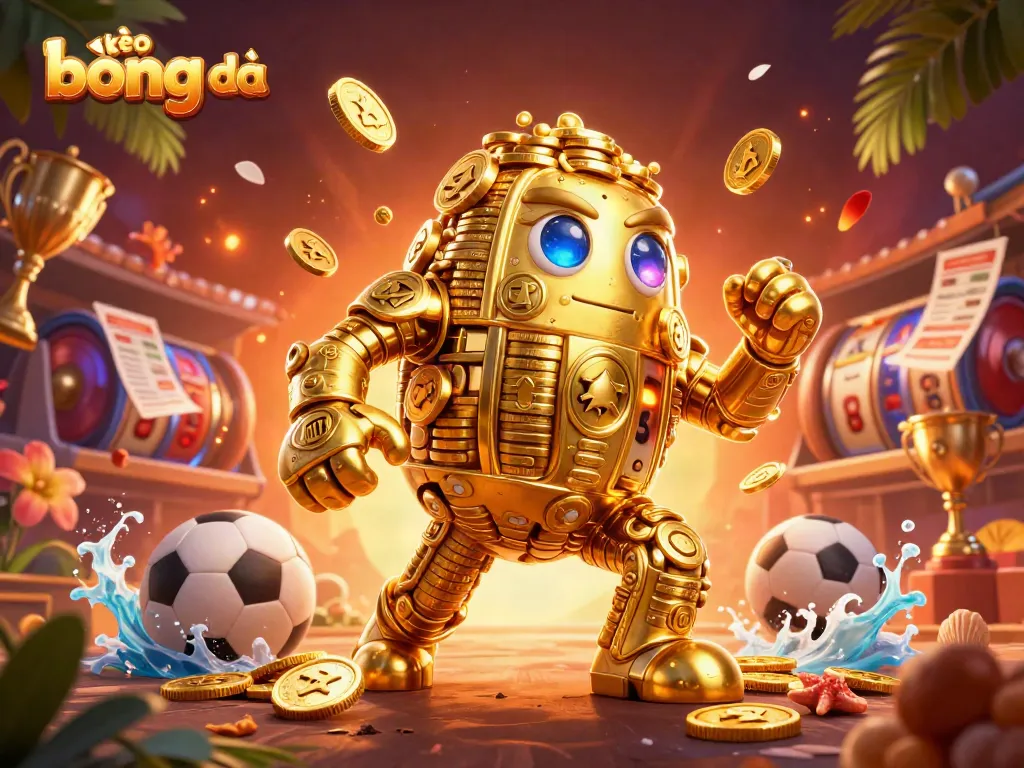 Bet on kèo bóng đá with a vibrant 3D golem made of coins and sporting elements, showcasing excitement and engagement.