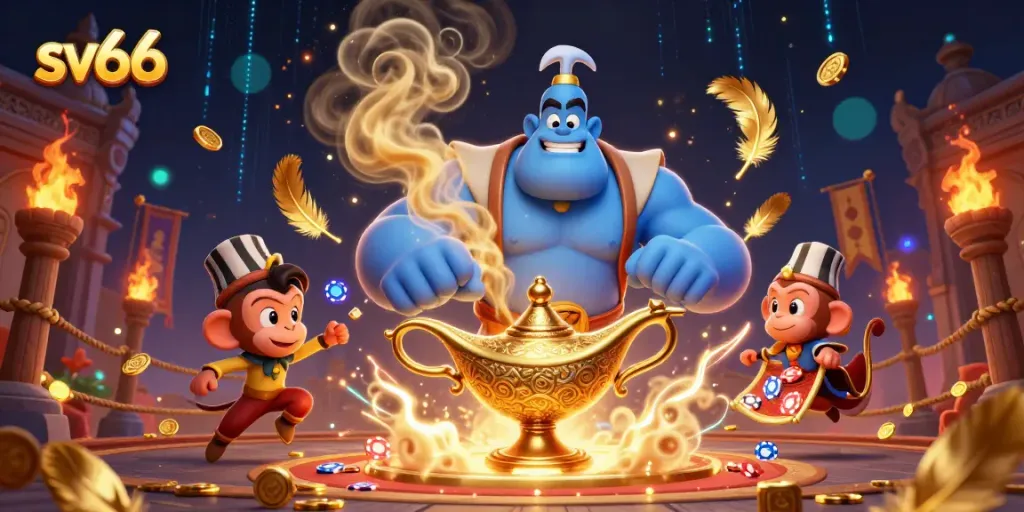 Engage in thrilling casino adventures with sv66 featuring a Genie, monkey, and poker chips in vibrant 3D art.