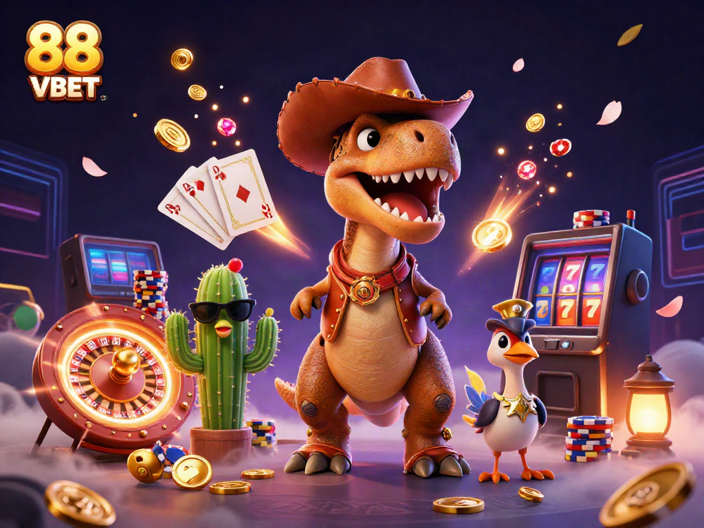 Engage in thrilling gaming experiences at 88 VBET with vibrant 3D characters and casino elements.