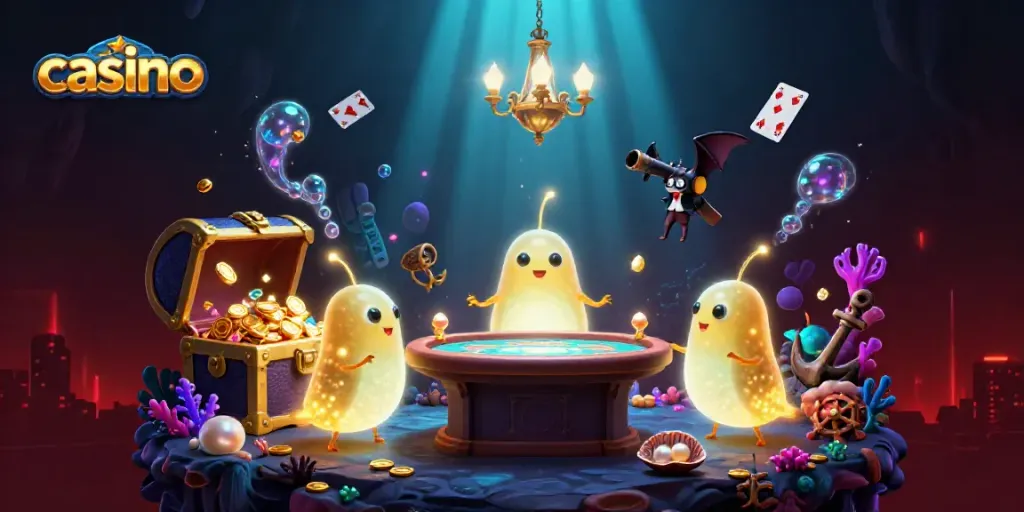 Play casino games in a cave illuminated by glowworms, featuring a bat dealer and card tables.
