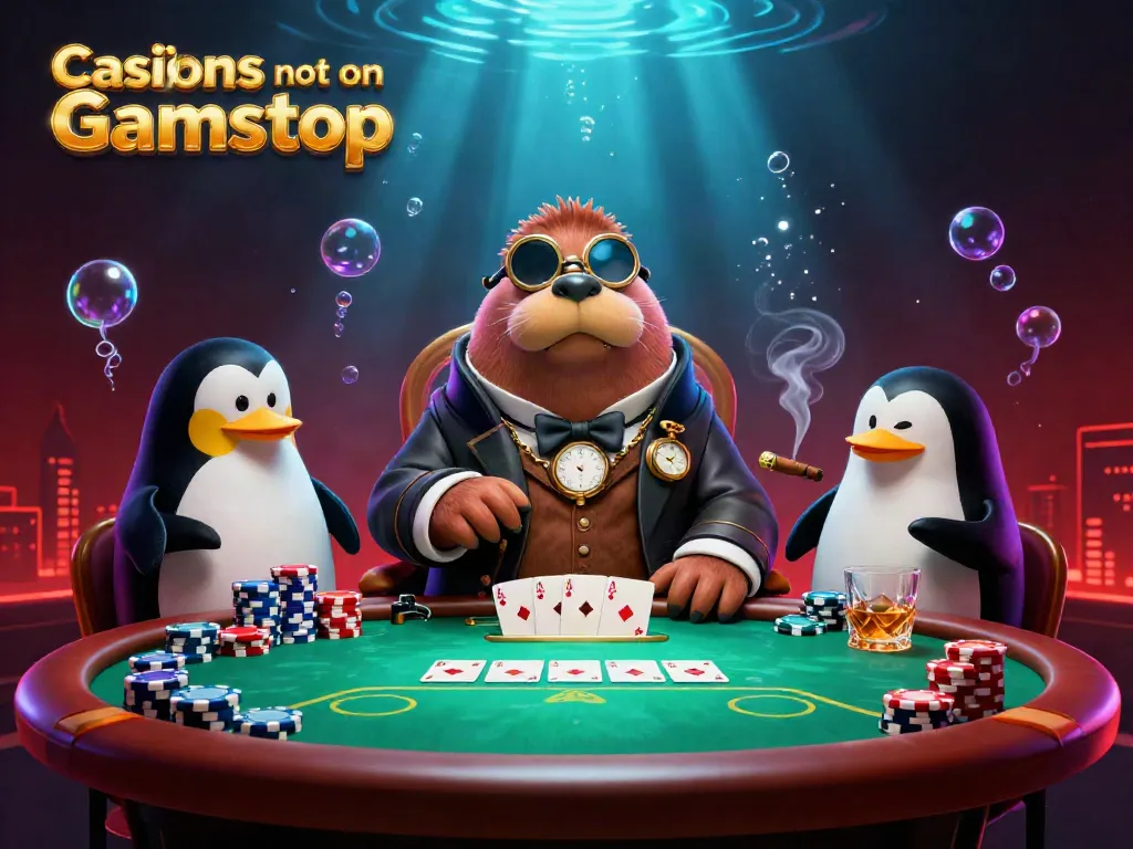 Casinos not on Gamstop featuring a jolly walrus at a poker table alongside unique sea creatures.