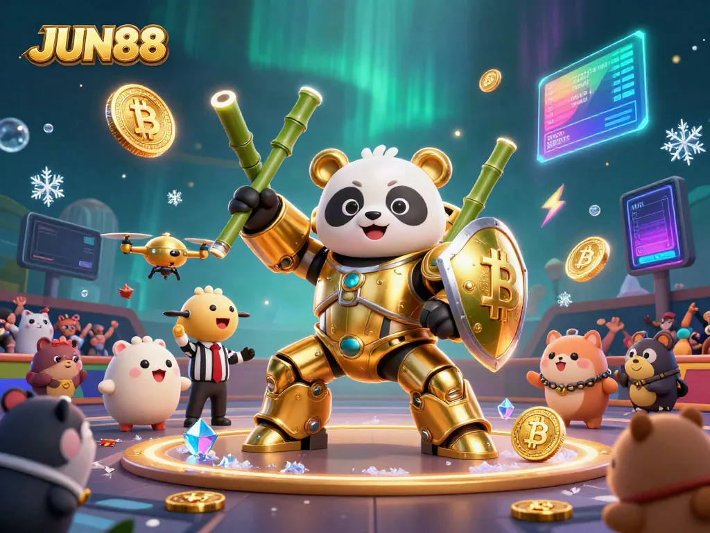 Engage with JUN88's vibrant casino atmosphere featuring a mech-suit panda and lively characters.