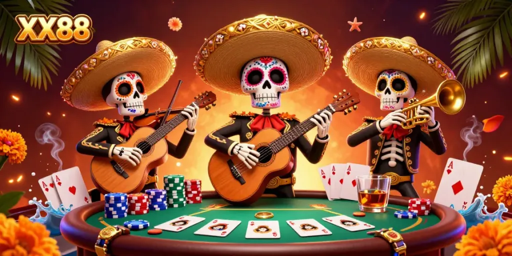 Experience the vibrant XX88 casino atmosphere with mariachi skeletons amidst poker elements.