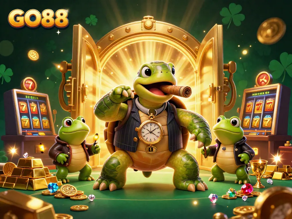 Experience winning excitement at GO88, featuring a snapping turtle and bullfrog enforcers in a vibrant casino scene.