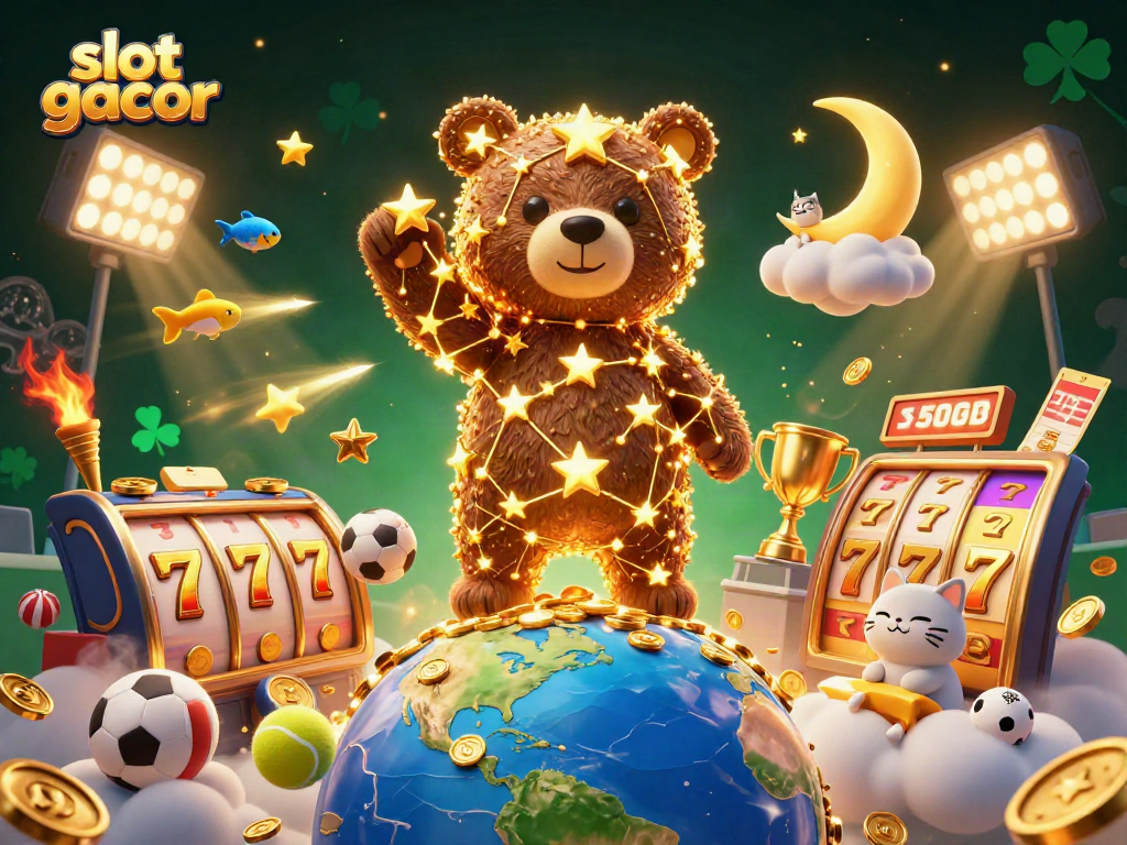 Experience the excitement of slot gacor with vibrant golden reels and dynamic characters in this engaging casino illustration.