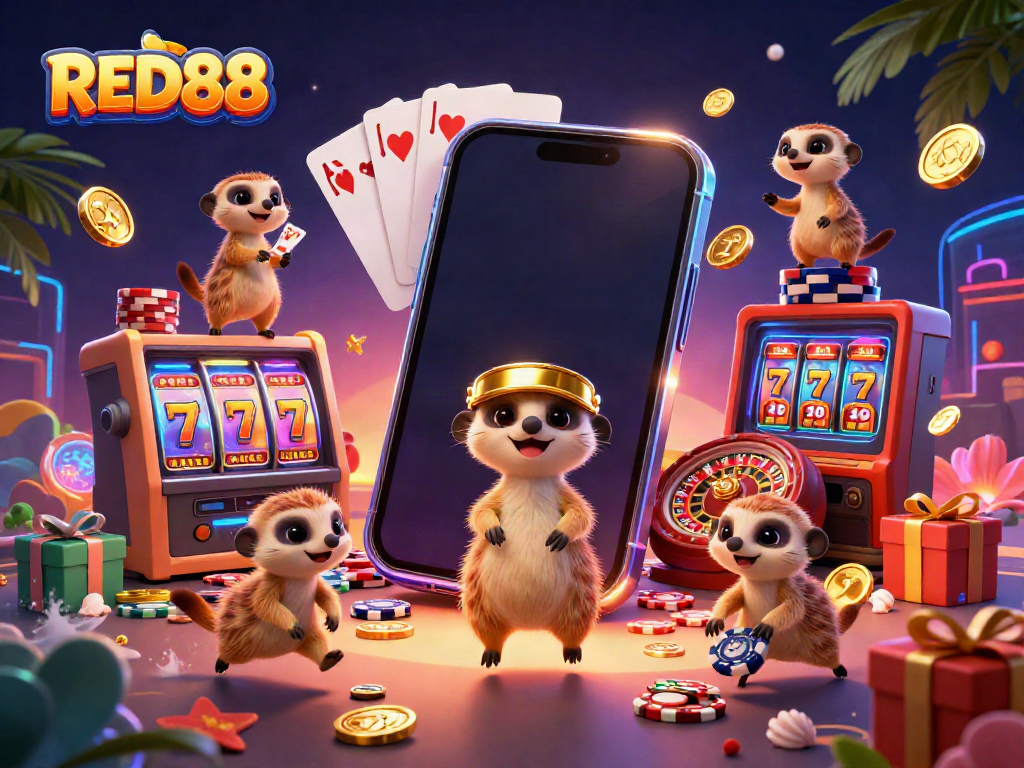 Experience RED88's thrilling casino atmosphere with meerkats engaging in vibrant slot gaming.