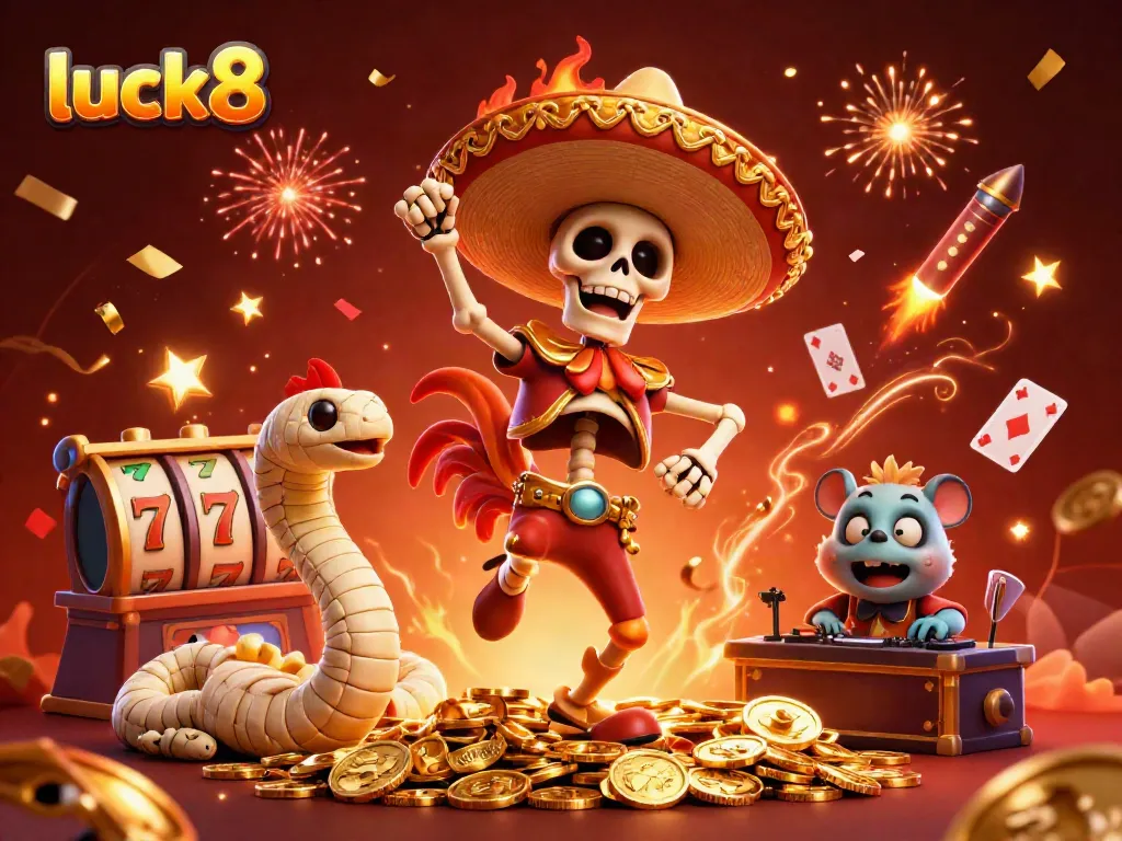 Experience the thrill of luck8 with a festive 3D casino scene featuring vibrant characters and games.