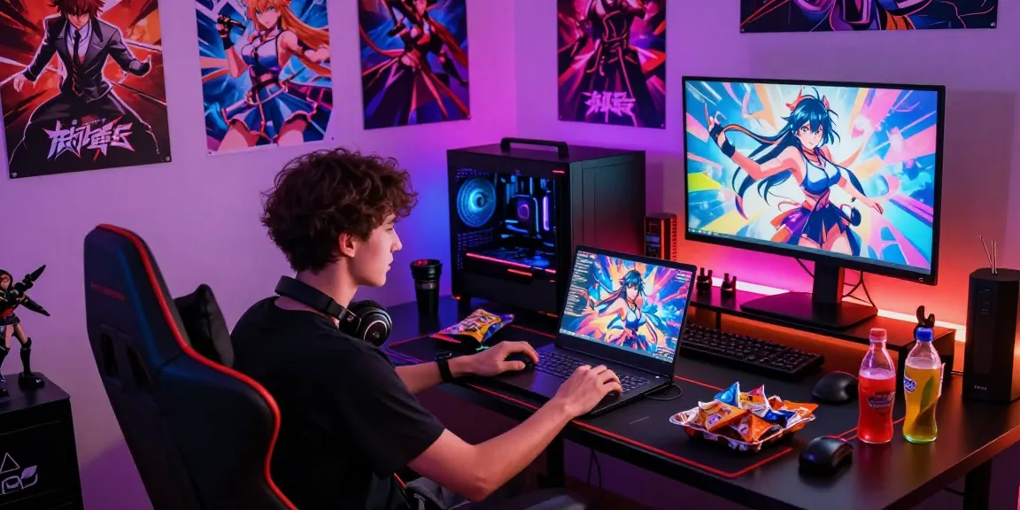 Immersed gamer enjoying hentai games on a vibrant laptop with colorful lighting.