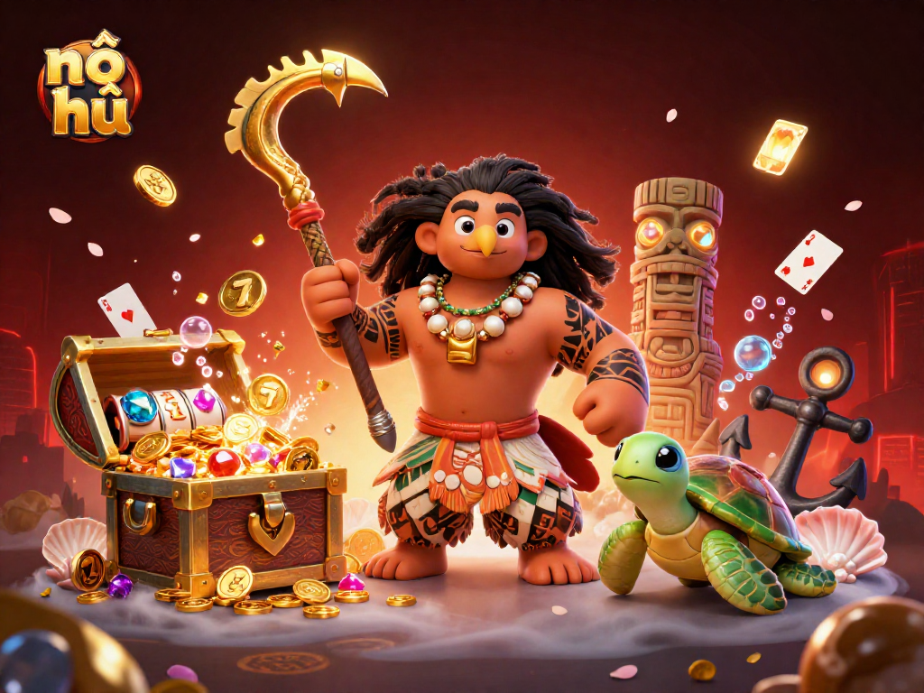 Spin the nổ hũ slots with a magical 3D Polynesian demigod and treasures in an underwater scene.