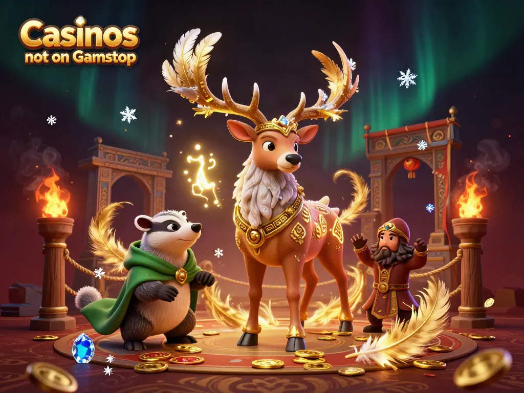 Experience the thrill of Casinos not on Gamstop in a vibrant 3D illustration featuring mythical creatures.