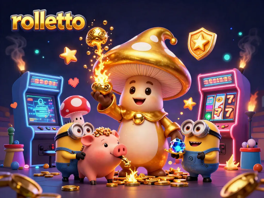 Experience rolletto's magic with a whimsical 3D illustration of golden treasures and casino elements.