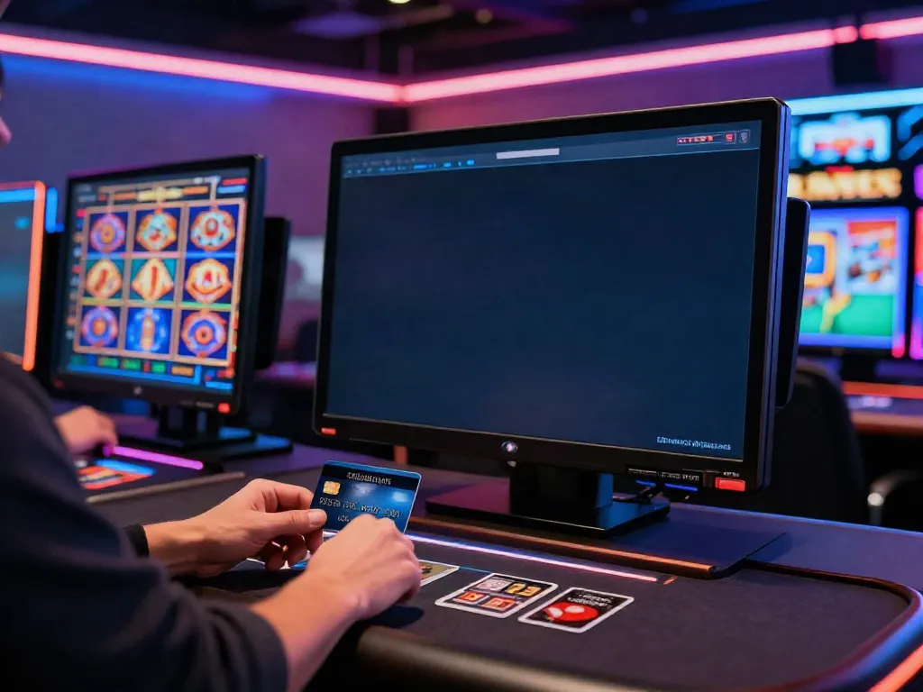 Player using credit card at online casinos that accept credit card, with vibrant gaming graphics in a modern casino