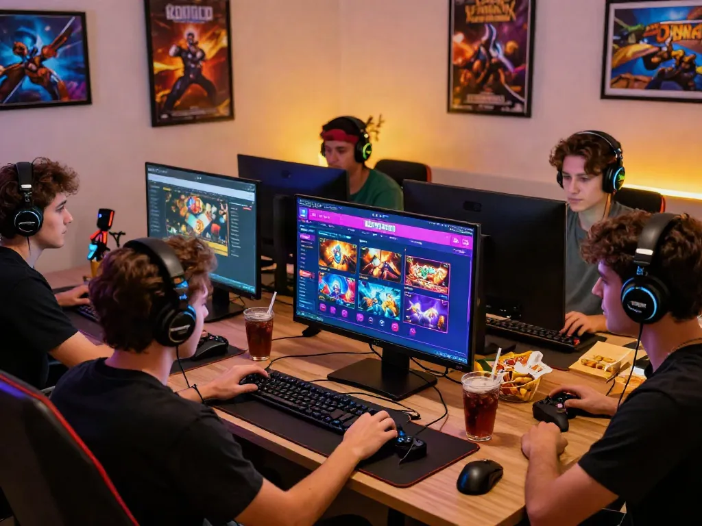 Friends enjoying a non gamstop casino gaming session with vibrant screens and snacks.