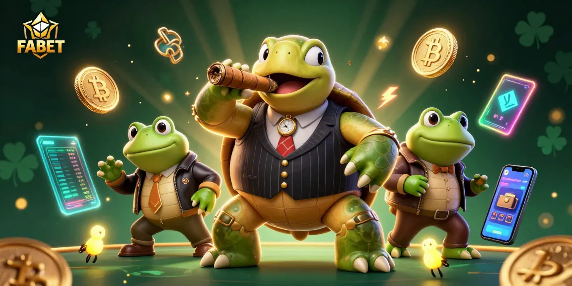 Engage with FABET's dynamic casino scene featuring a snapping turtle mobster among Bitcoin coins.