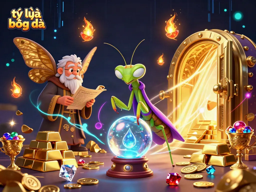 Watch the praying mantis fortune teller reveal tỷ lệ bóng đá insights with a mystical crystal ball surrounded by gems and oracles.
