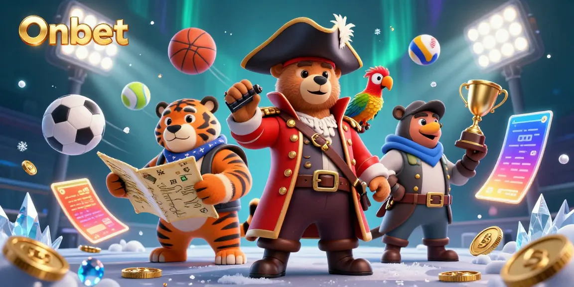 Engage in Onbet's thrilling sports betting adventure with animated characters in a vibrant casino scene.