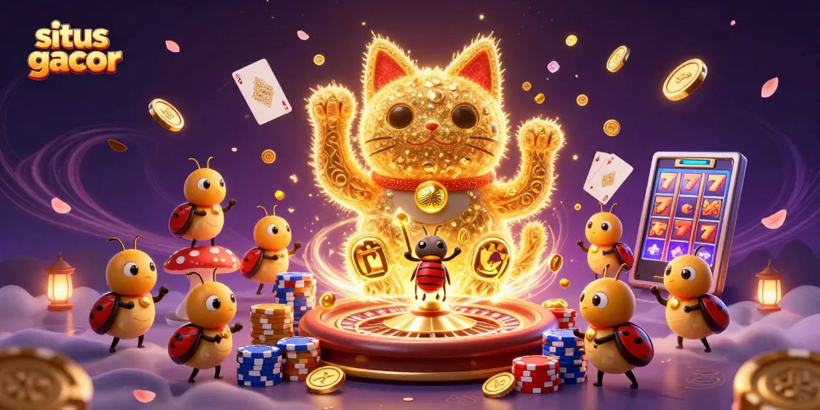 Experience excitement with a giant lucky cat symbolizing situs gacor, surrounded by glowing coins and casino elements for a thrilling vibe.
