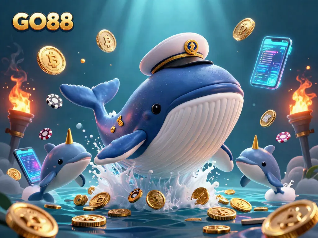 Engage with GO88's vibrant 3D scene of a whale and playful characters amidst casino elements.