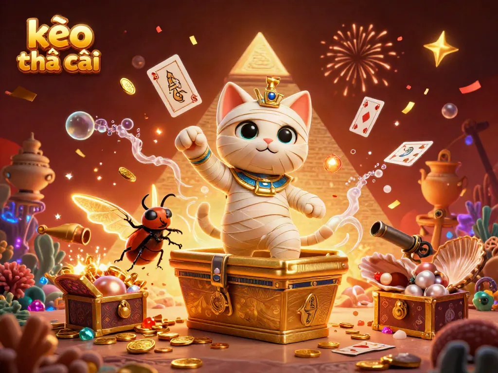 Engage with kèo nhà cái using a dazzling 3D scene highlighting a mummy cat in a casino with vibrant gambling elements.