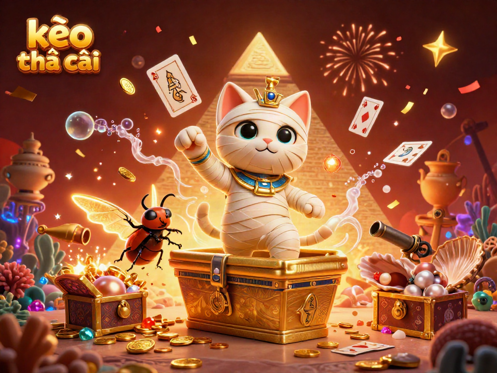 Engage with kèo nhà cái using a dazzling 3D scene highlighting a mummy cat in a casino with vibrant gambling elements.