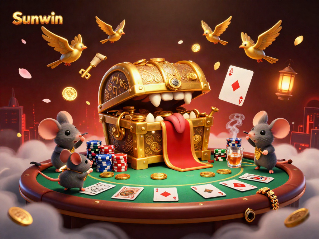 Engage with Sunwin's vibrant casino atmosphere featuring a golden treasure chest and poker elements.