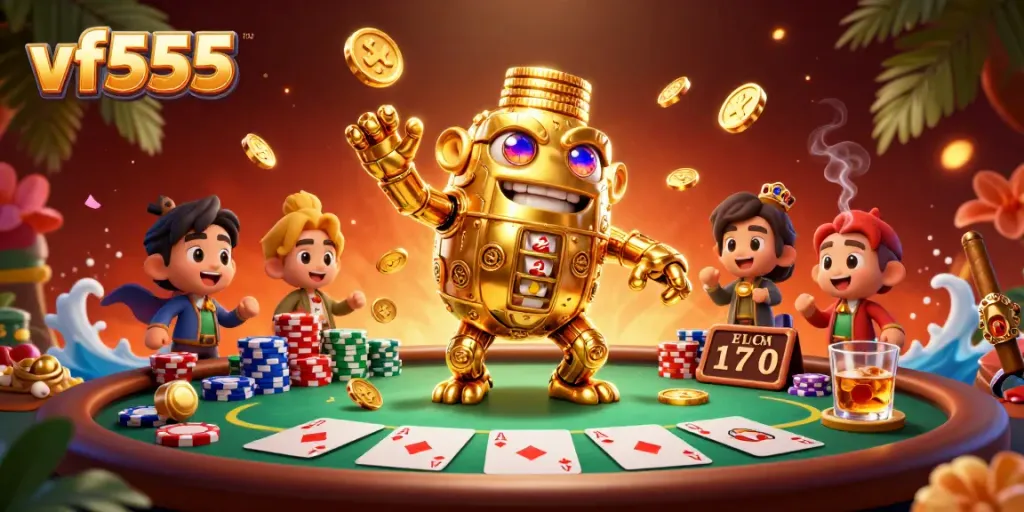 Experience the excitement of vf555 casino gaming with our animated golden golem character amidst a lively poker scene.