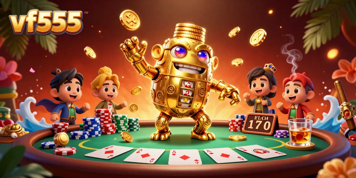 Experience the excitement of vf555 casino gaming with our animated golden golem character amidst a lively poker scene.