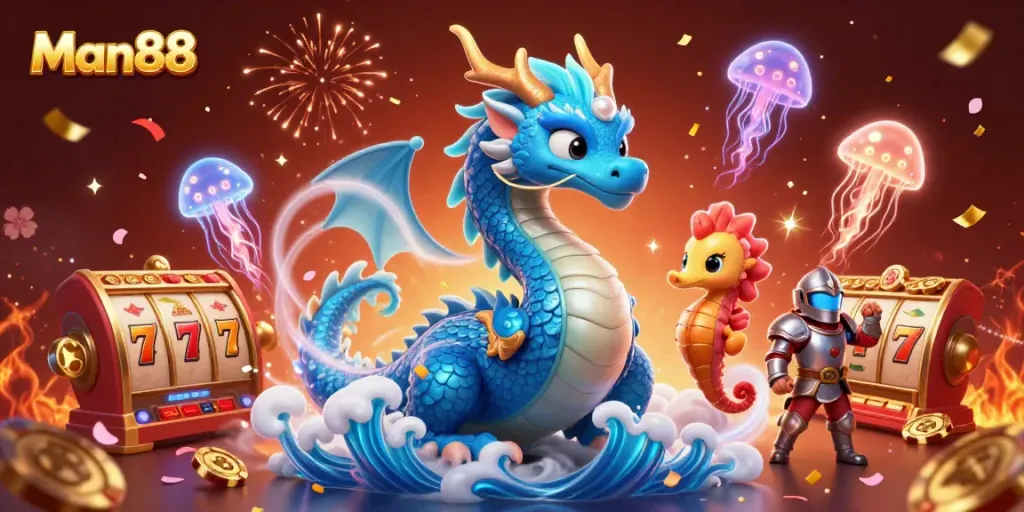 Man88 illuminates thrilling slots action with vibrant dragon and seahorse in a colorful casino scene