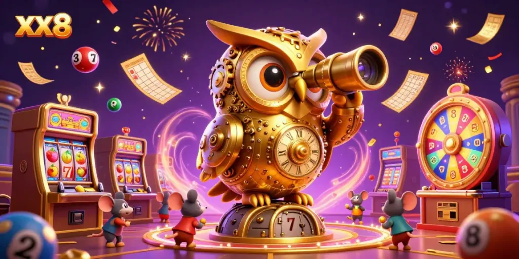 Experience the excitement of XX 8 during a colorful casino celebration with vibrant slot machines and dynamic lottery elements.