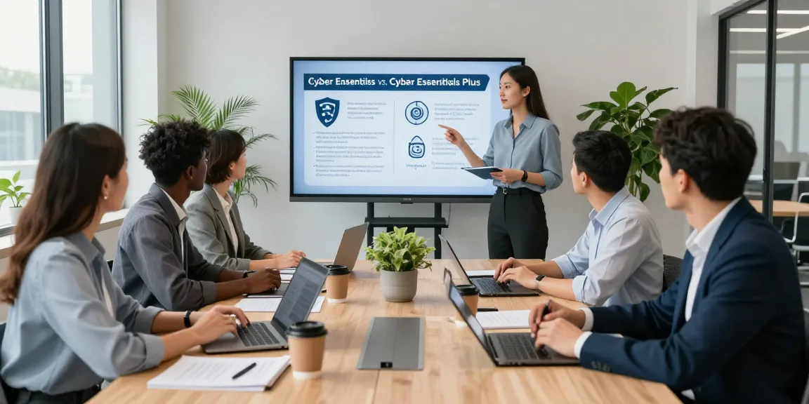 Cyber Essentials vs Cyber Essentials Plus discussion in a modern office with cybersecurity team analyzing strategies and compliance.