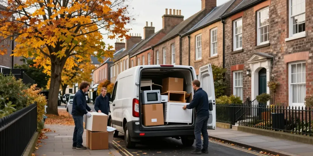House Clearance Edinburgh team efficiently loading items into a van in a tranquil neighborhood.