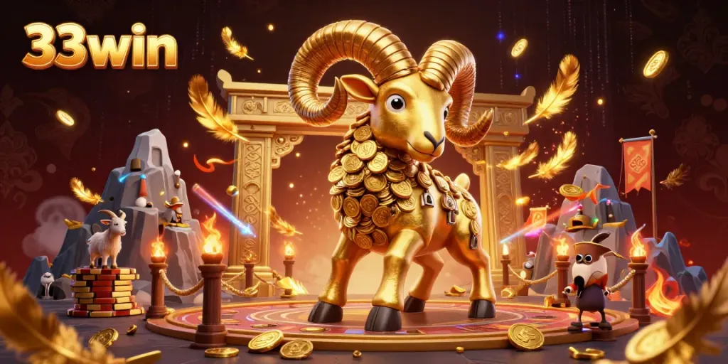Experience the thrill of 33win's vibrant casino scene with a dynamic golden ram charging at a gate.