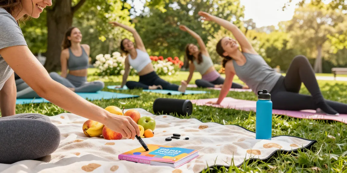 THC vape UK in a vibrant outdoor wellness scene with friends enjoying yoga and fresh fruits, emphasizing relaxation and natural enjoyment.