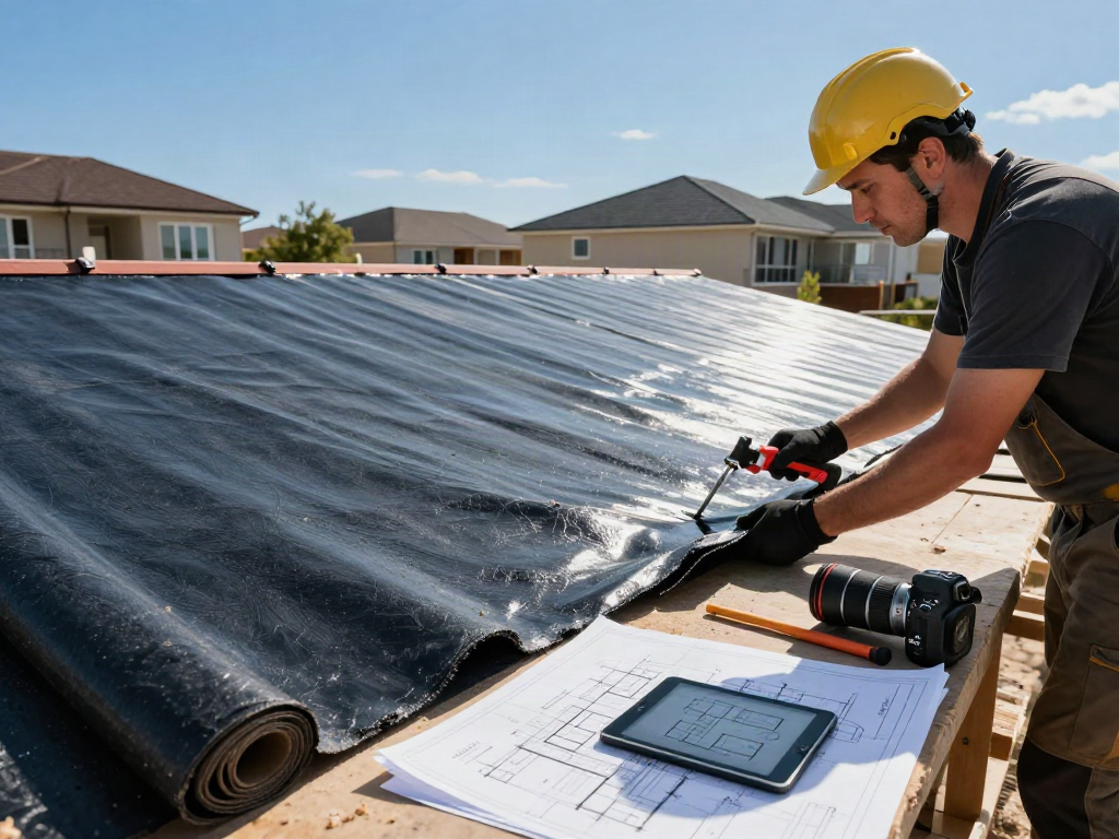 Roofer installing a felt roof on a residential home, showcasing craftsmanship and expertise in roofing.