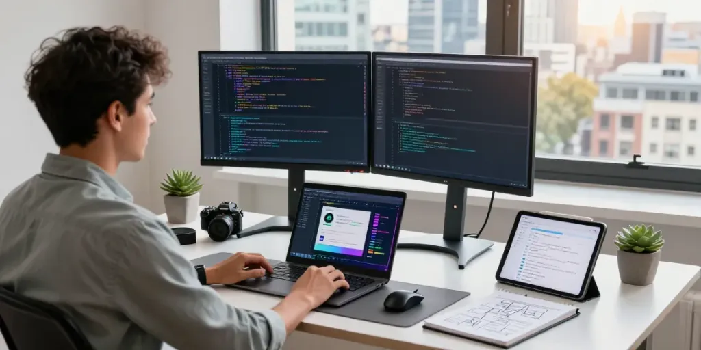 Sponsored software articles showcased in a modern development workspace with code displays and natural light.