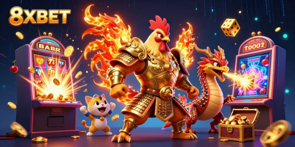 Engage with the vibrant 8XBET casino scene showcasing a rooster warrior, dragon hatchling, and winning symbols.