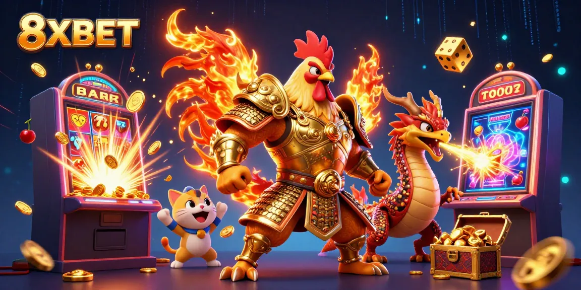 Engage with the vibrant 8XBET casino scene showcasing a rooster warrior, dragon hatchling, and winning symbols.