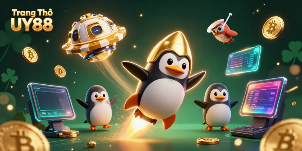 Experience thrilling gameplay at Trang Chủ UY88 with a whimsical rocket-powered penguin navigating towards a vibrant casino!
