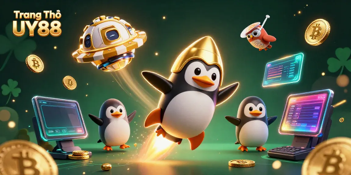 Experience thrilling gameplay at Trang Chủ UY88 with a whimsical rocket-powered penguin navigating towards a vibrant casino!